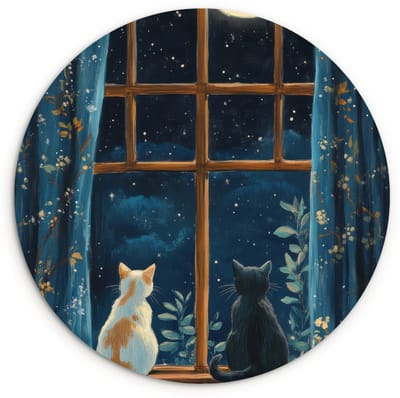 WallCircle® Wandcirkel 120x120 cm - Muurcirkel Kat - Sterrenhemel - Blauw - Muurdecoratie woonkamer - Wanddecoratie slaapkamer - Kamer decoratie accessoires - Ronde schilderijen XXL