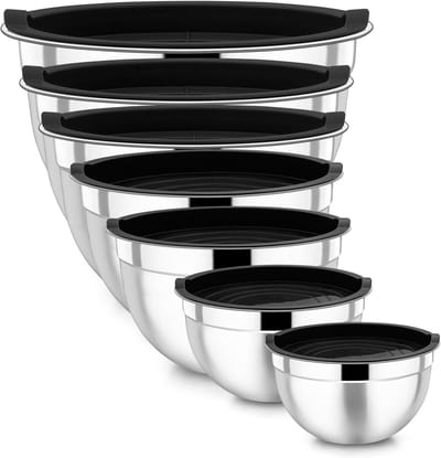 roerschaalset, 7-delig roestvrijstalen schaalset, slakom met luchtdichte deksel voor koken/bakken/serveren, stapelbaar en vaatwasmachinebestendig, 6,5/4,5/2,7/2,5/1,5/1,2/0,7L, zwart