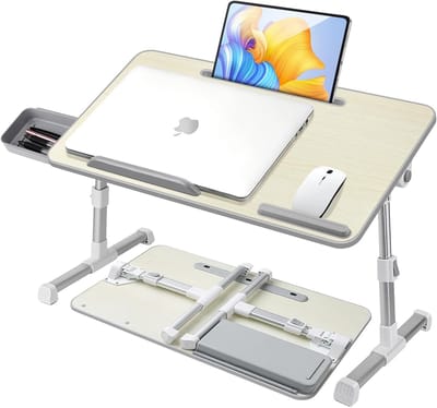 Laptoptafel voor Bed, Verstelbare Hoogte en Hoek, Inklapbaar Bedtafel met Lade, Tablet Standaard, Schoottafels voor Bed, Bank, Vloer(53 x 30 cm, Beige)