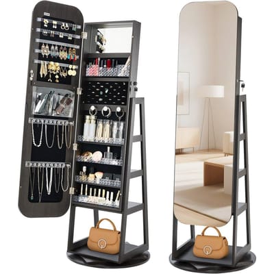 Armoire à bijoux pivotante à 360°, 1600 mm de haut, Miroir pleine longueur avec rangement, Organisateur d'armoire à bijoux rotatif sur pied, Porte verrouillable avec 2 clés,