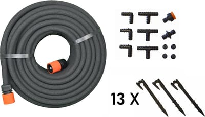 Meisterhome ® - 15 Meter - Druppelslang -  Druppelsystemen - Zweetslang - Bewatering - Bewateringssysteem - Druppelsysteem - Irrigatie set - 70% waterbesparing - Druppelaars - Tuin, Gras, Planten - met 26 hulpstukken voor vast zetten en verlengen