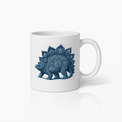 Elegante Blauwe Bloemen Dino Mok – Uniek Stegosaurus Ontwerp Koffiebeker – Perfect Cadeau voor Dino Liefhebbers