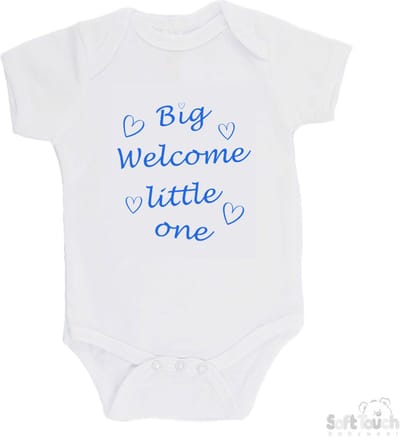 Soft Touch Romper "Big welcome little one" jongens Katoen Wit/blauw Maat 56/62