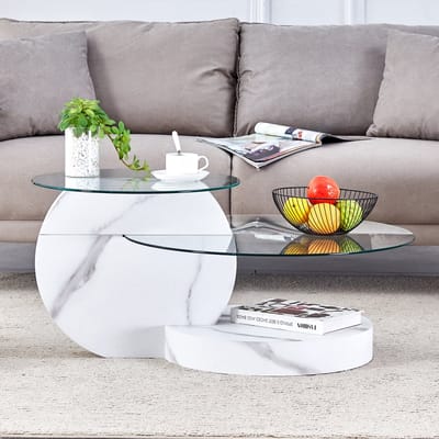 DESMIU Salontafel Met Gelaagd Ontwerp En Veiligheidsglas Voor Woonkamer En Interieur In Wit Marmerlook En Transparant Glas 70 En 50 Cm