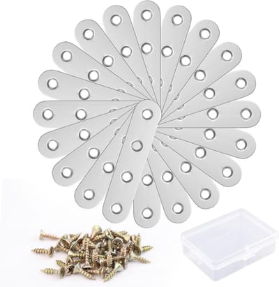 Set van 20 platte schapverbinders 77 x 16 x 1.8 mm, perforatiet staal, hoekreparatie en rechte reparatieklemmen met schroeven voor houtconstructie