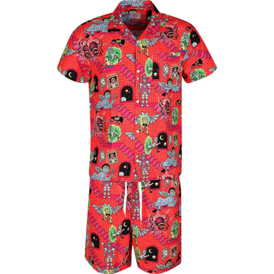 OppoSuits Rick & Morty™ Surreal Heren Zomer Set  - Bevat Shirt En Shorts - Tropische Zwem Kleding - Rood - Maat XXL
