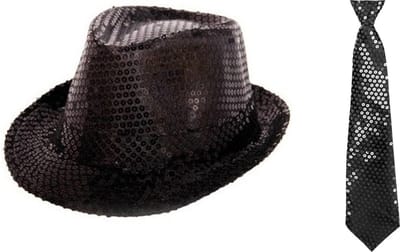 Folat - Verkleedkleding set - Glitter hoed/stropdas zwart volwassenen