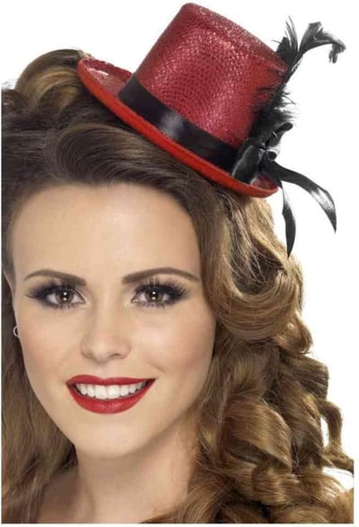 Smiffys Mini hoge hoed - rood - glitter - volwassenen - zwart lint - veer - carnaval hoedje