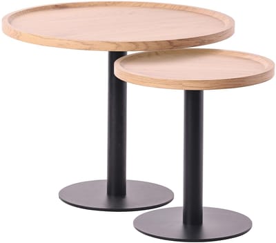 CLP Aspen Set van 2 bijzettafels - rond - salontafel - houten blad - mat zwart metalen onderstel - natura