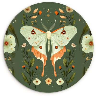 WallCircle® Wandcirkel 120x120 cm - Muurcirkel Bloemen - Bladeren - Olijfgroen - Vlinder - Muurdecoratie woonkamer - Wanddecoratie slaapkamer - Kamer decoratie accessoires - Ronde schilderijen XXL