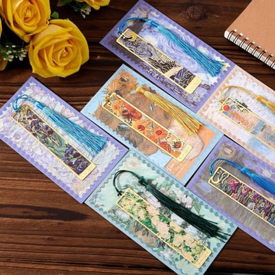 Allecto Plus - Metalen boekenleggers 6 stuks met kwastjes Zonnebloemen de Sterrennacht Impressie Zonsopgang Van Gogh's Olieverfschilderij Aesthetische Boekenleggers voor Tieners Liefhebbers Leraren