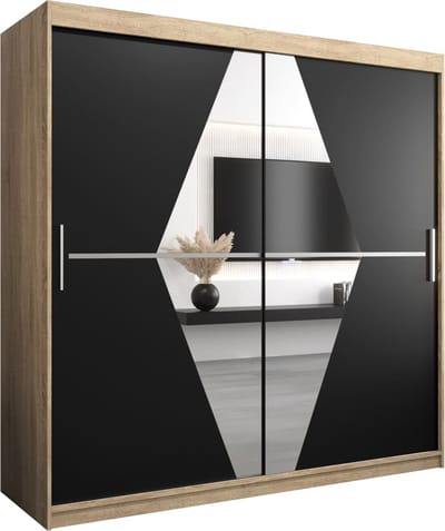 InspireMe - Kledingkast met 2 schuifdeuren, Modern-stijl, Een kledingkast met planken en een spiegel (BxHxD): 200x200x62 - BOLA 200 Sonoma Eik + Zwart Mat