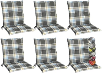 Beautissu Set van 6 Tuinkussens met Lage Rugleuning voor Tuinstoelen 100 x 50 cm Sunny BK – Comfortabele Tuinstoel Stoelkussens met UV-lichtechtheid Kussens in Blauw Geruit