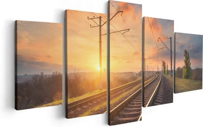 Artaza Canvas Schilderij Vijfluik Rails Spoorweg Bij Zonsondergang - 100x50 - Foto Op Canvas - Canvas Print