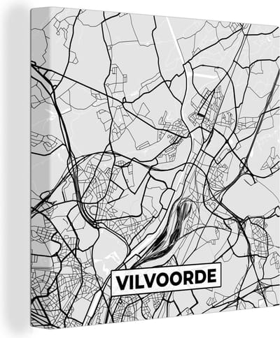 Canvas Schilderij Zwart Wit – België – Plattegrond – Stadskaart – Kaart – Vilvoorde - 20x20 cm - Wanddecoratie