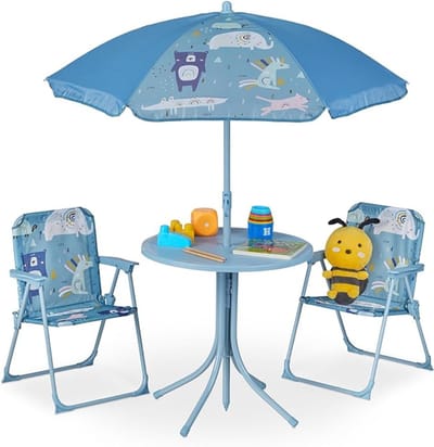 Verte Kinder Picknicktafel - Tuinset voor Kinderen - Kinderset met Parasol - Tafel en Kinderstoelen - Kamperen & Tuin - Blauw