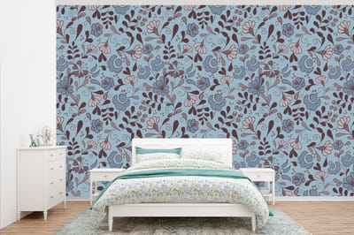 Behang - Fotobehang Patroon - Bloem - Grijs - Blauw - Breedte 345 cm x hoogte 220 cm