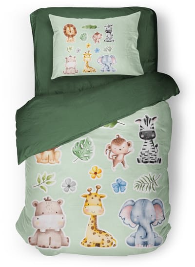 Eleganzzz Kinder Dekbedovertrek Savanne Safari - Safari Dekbedovertrek - Jungle Dieren - Green - 140x200/220cm - Dekbedovertrek Kinderen - Micropercal - Eenpersoons