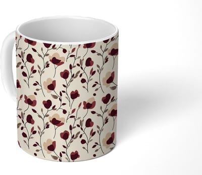 Mok - Koffiemok - Bloemen - Botanisch - Bordeaux - Mokken - 350 ML - Beker - Koffiemokken - Theemok