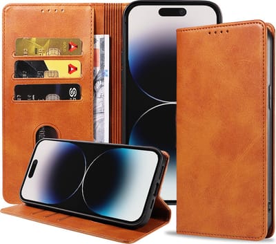 Smartphonica iPhone 14 Pro kunstleren hoesje met magnetische sluiting en pashouders book case - Bruin geschikt voor iPhone 14 Pro
