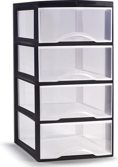 Plasticforte Ladeblokje/bureau organizer met 4x lades - transparant/zwart - L18xB23xH34 cm