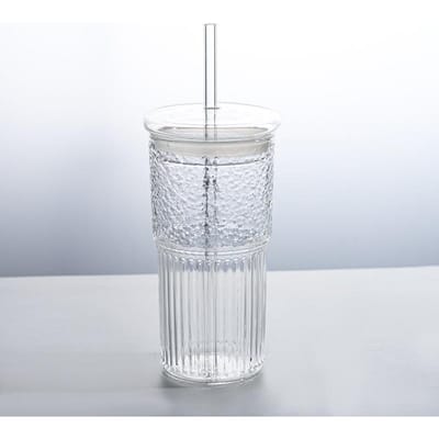 Gestreept Glazen Kopje met Deksel en Rietjes Hoge Borosilicaat Tumblers Transparante Drinkglazen voor IJskoffiekopje Thee Waterkopjes 650ml white
