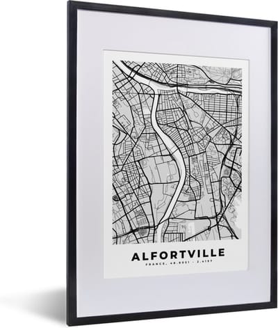 Fotolijst incl. Poster - Plattegrond - Alfortville - Stadskaart - Kaart - Frankrijk - 30x40 cm - Posterlijst