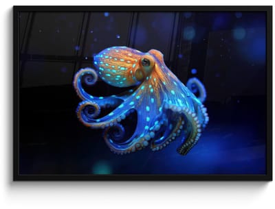 Poster in lijst - Fotolijst 90x60 cm - Posters - Octopus - Stippen - Blauw - Zee - Posterlijst zwart - Decoratie - Wanddecoratie woonkamer - Muurdecoratie slaapkamer