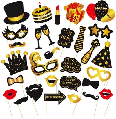Dailygoods- Fotobooth Rekwisieten 30-delige DIY Kit - Grappige Accessoires - Houten Stokjes - Zwart-Gouden Decoratie - Duurzaam en Robuust - Fotorekwisieten