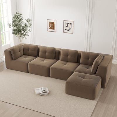 MODFU Modulaire Hoekbank - Diepe Zitting En Antislip Voet - Minimalistisch - Voor Woonkamer - Ribstof - Bruin