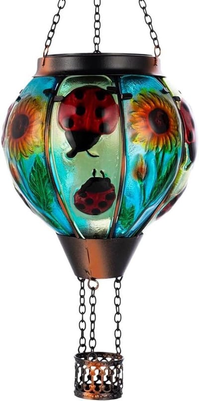 Starsoul Heteluchtballon zonne-lantaarn met flikkerende vlam zonnebloem + lieveheersbeestjes hangende heteluchtballon zonne-verlichting waterdichte hangende zonne-ballonlamp