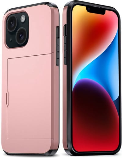 Hoes Geschikt voor iPhone 14 Hoesje Hard Case Met Pas Houder - Hoesje Geschikt voor iPhone 14 Hoes Shockproof Hard Cover Met Kaarthouder - Rosé goud