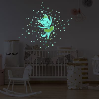Lichtgevende sticker - Ballerina Kat + 100 Kleurrijke Cirkels - Fluorescerende muur-/plafondsticker voor kinderen - 110x70cm