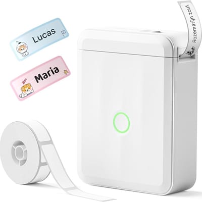 GELLDG Labelprinter - Naamlabelprinter - D110 Bluetooth-labelprinter - Inclusief een rol waterdichte labels - Geschikt voor thuis, kantoor, school en kinderdagverblijf - Wit