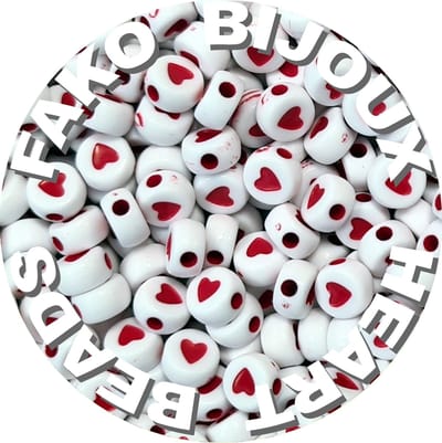 Fako Bijoux® - Letterkralen Rond - Hartjes Kralen - Acryl - Sieraden Maken - 7mm - 250 Stuks - Wit/Rood