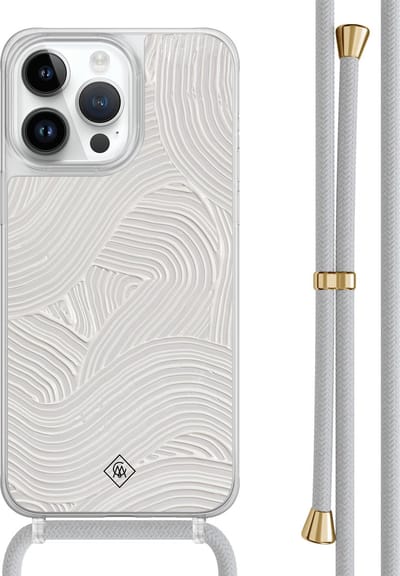 Casimoda® hoesje met grijs koord - Geschikt voor iPhone 14 Pro Max - Abstract Painted Waves - Afneembaar koord - TPU/polycarbonaat - Bruin/beige