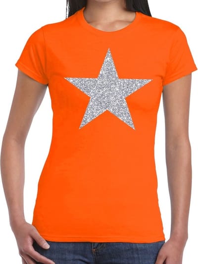 Glitter and glamour ster T-shirt - zilver glitters - oranje - dames - Verkleedkleding - Feestkleding XS