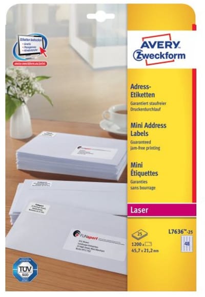 Avery Zweckform L7636 - Klebeetiketten - 21,2 x 45,7 mm - 1200 Etikett(en) (25 Bogen x 48) (L7636-25)