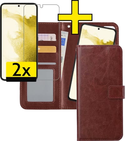 Hoesje - 2 in 1 - Geschikt voor Samsung Galaxy S22 - Met 2x Screenprotector - En Uitneembare Hard Cover - Bookcase - Wallet Case - Met Pasjeshouder - Book Case - Uitneembaar - Pashouder - Kunstleer - Telefoonhoesjes - Bruin