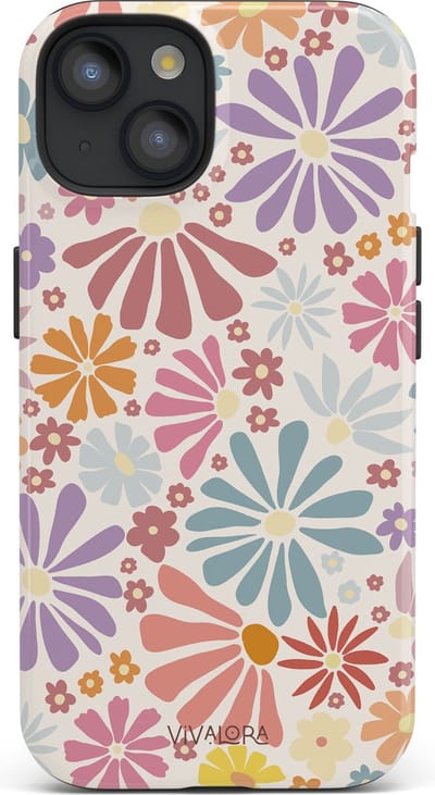 VivaLora Tough Telefoonhoesje iPhone 14 Met Magsafe - Bloemenprint - Bloom Bliss Print - 2-in-1 Phone Case - Hard Case & Siliconen Backcover - Extra Bescherming - Shockproof Cover - Pastelkleuren - Blauw, Roze, Oranje, Geel