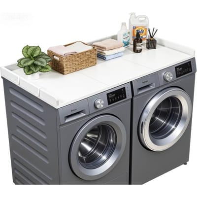 VEVOR Werkblad voor wasmachine en droger (137 x 69,9 cm) met opstaande rand en haken, voor organisatie en opbergruimte in linnenkast, voorraadkast of keukenblad, draagvermogen 113 kg, wit