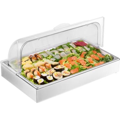 VEVOR Serveercontainer Buffetcontainer Gastronormcontainer van roestvrij staal (1 container), presentatiestandaard met transparant deksel & 3 ijsblokjesvormpjes voor restaurant-hotelkeuken