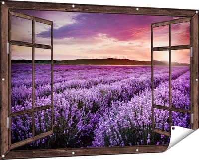 Gards Tuinposter Doorkijk Bloemenveld met Paarse Lavendel - Bloemen - 150x100 cm - Tuindoek - Tuindecoratie - Wanddecoratie buiten - Tuinschilderij