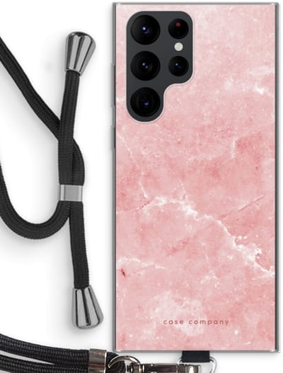 Case Company® - Hoesje met koord geschikt voor Samsung Galaxy S22 Ultra hoesje met Koord - Roze marmer - Telefoonhoesje met Zwart Koord - Bescherming aan alle Kanten en Over de Schermrand