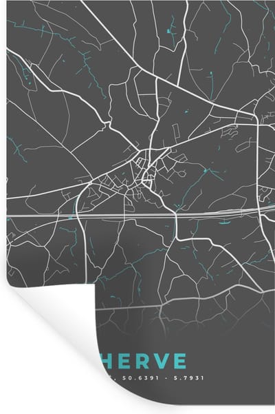 Muurstickers - Sticker Folie - Plattegrond – Herve – Blauw – Stadskaart - Kaart - België - 20x30 cm - Plakfolie - Muurstickers Kinderkamer - Zelfklevend Behang - Zelfklevend behangpapier - Stickerfolie