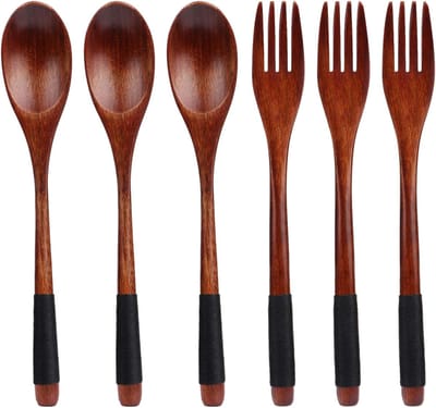 Houten lepel-Houten bestek-Houten vork-Natuurlijke houten lepel vorkset- lange handgreep- Japanse stijl- bestekset- houten lepeltjes klein-6 stuks
