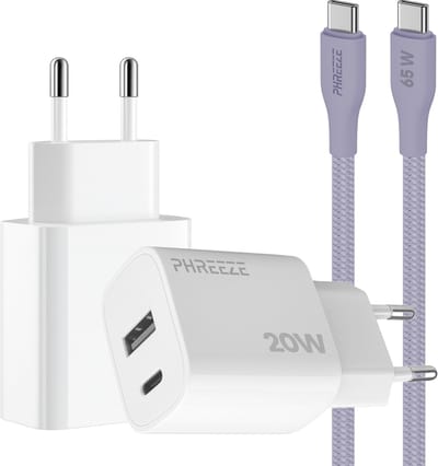 Phreeze usb C adapter 20 W paars met usb C naar usb C kabel 1 meter - Snellader voor smartphone en tablet - Met 2 poorten