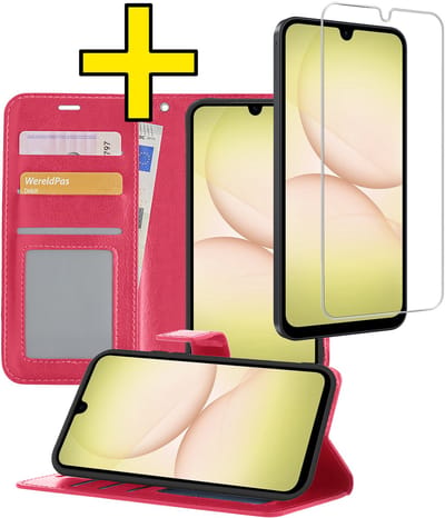 Hoesje - Met Screenprotector - Geschikt voor Samsung Galaxy A17 - Luxe Pasjeshouder - Bookcase Portemonee - Flip Case - Kunstleer Book Case - Flipcase - Book Cover - Walletcase - Portemonneehoes - Telefoonhoesjes - Donkerroze