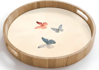 Dienblad rond 40x40 cm - Schootdienblad hout - Vlinders - Minimalistisch - Roze - Borrelplank rechthoek - Plateau houten dienbladen