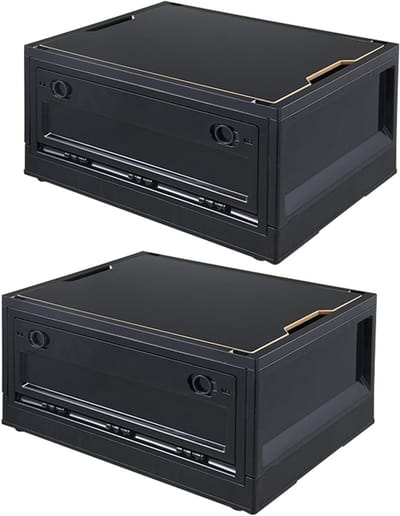 Famanu Opbergdoos met Deksel 2 × 35 liter Opvouwbare Auto Kofferbak Organizer Stapelbare met 4 Wielen en Tabellen Storage Camping Box voor Buitenpicknick, Familie, Zwart